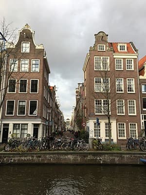 An image of 2 tall and narrow buildings in front of a canal.